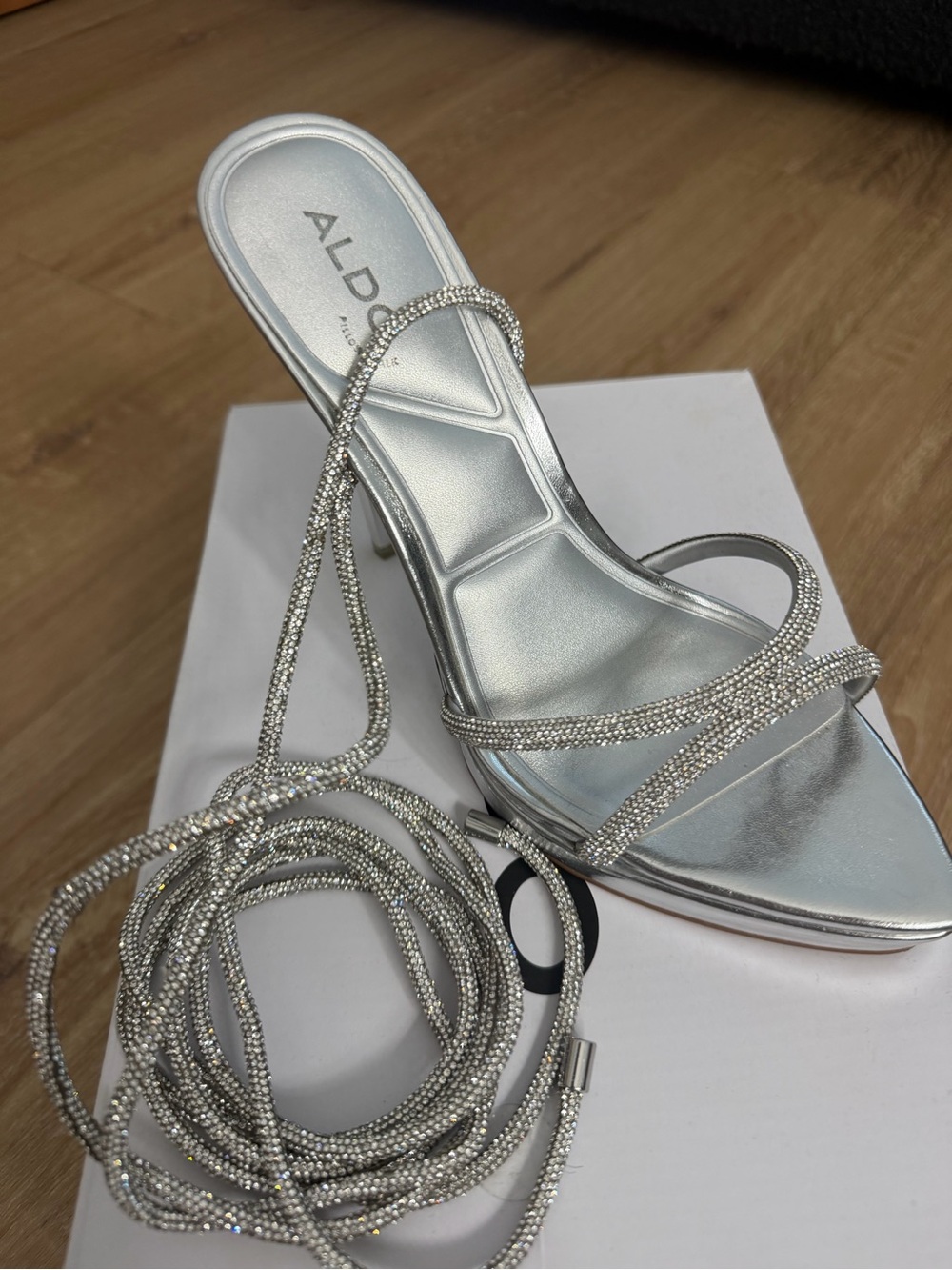 Aldo Silver Crystal-Strap Lace-Up Heeled Sandals